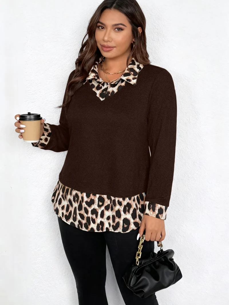 Damen Lagenlook-Pullover mit V-Ausschnitt und Leoprint-Blusen-Einsatz Nord Taschen