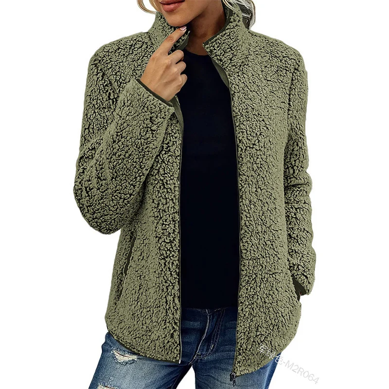 Damen kuschelige Teddy-Fleecejacke mit Stehkragen und Reißverschluss Nord Taschen