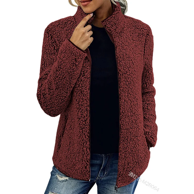 Damen kuschelige Teddy-Fleecejacke mit Stehkragen und Reißverschluss Nord Taschen