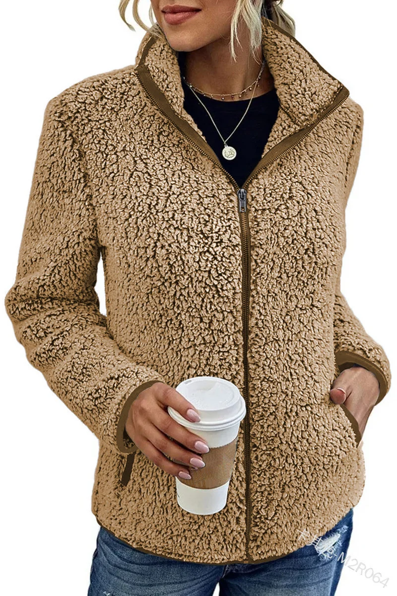 Damen kuschelige Teddy-Fleecejacke mit Stehkragen und Reißverschluss Nord Taschen