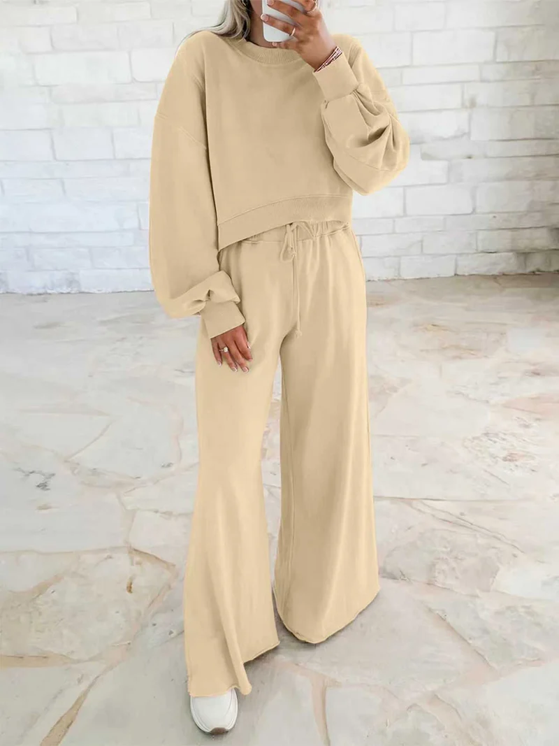Damen Kurzpullover- und Palazzohose Lounge-Set mit Ballonärmeln Nord Taschen