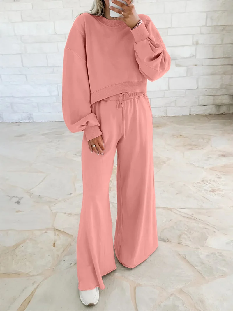 Damen Kurzpullover- und Palazzohose Lounge-Set mit Ballonärmeln Nord Taschen