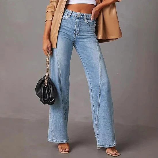 Damen Hochtaillierte gerade geschnittene Jeans mit betonten Längsnähten Nord Taschen