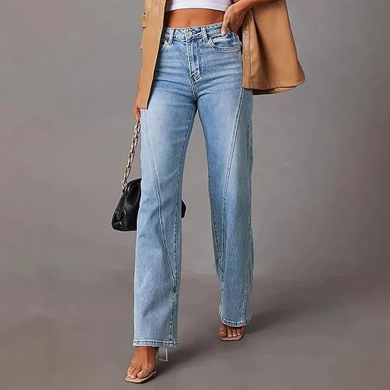 Damen Hochtaillierte gerade geschnittene Jeans mit betonten Längsnähten Nord Taschen