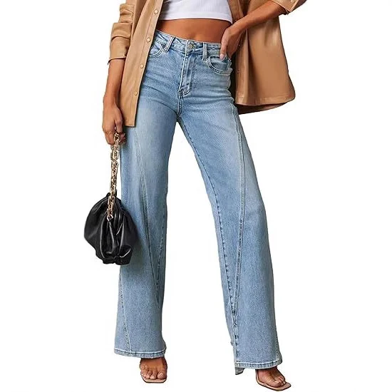 Damen Hochtaillierte gerade geschnittene Jeans mit betonten Längsnähten Nord Taschen
