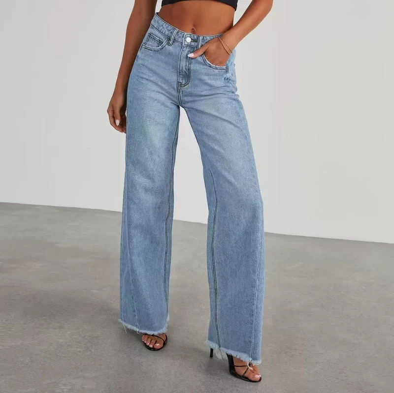 Damen Hochbund-Jeans mit weitem Bein und ausgefranstem Saum Nord Taschen