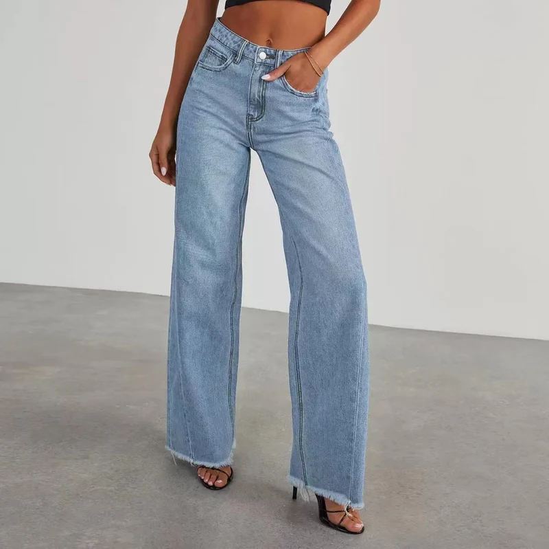Damen Hochbund-Jeans mit weitem Bein und ausgefranstem Saum Nord Taschen