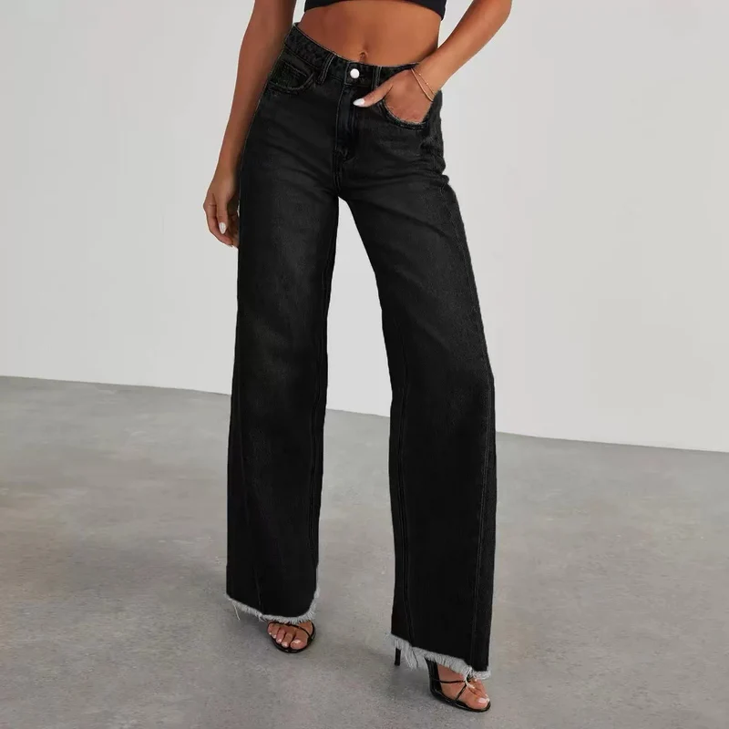 Damen Hochbund-Jeans mit weitem Bein und ausgefranstem Saum Nord Taschen