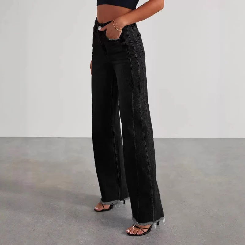 Damen Hochbund-Jeans mit weitem Bein und ausgefranstem Saum Nord Taschen
