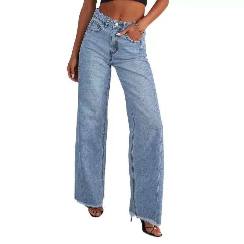 Damen Hochbund-Jeans mit weitem Bein und ausgefranstem Saum Nord Taschen