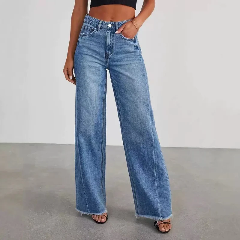 Damen Hochbund-Jeans mit weitem Bein und ausgefranstem Saum Nord Taschen