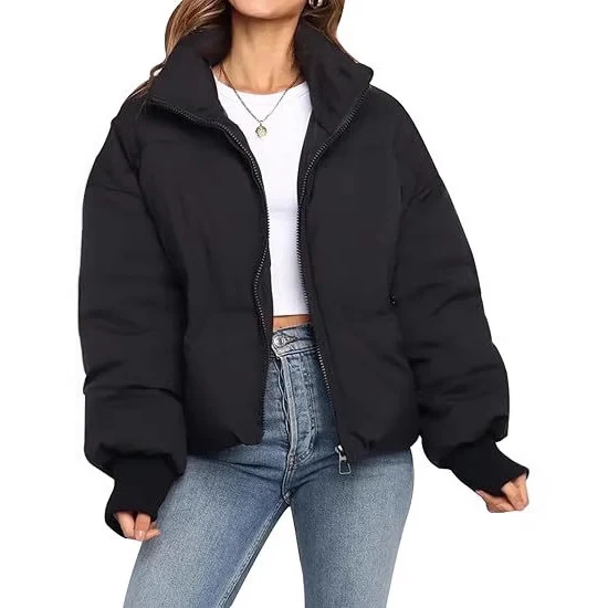 Damen Gesteppte Kurzjacke mit Stehkragen, wattierter Füllung und elastischen Bündchen Nord Taschen
