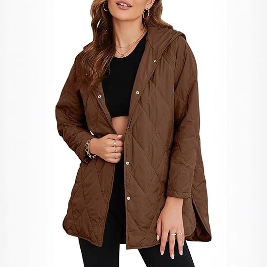 Damen gesteppte Kapuzenjacke mit Druckknopfleiste, seitlichen Schlitzen und mittlerer Länge Nord Taschen