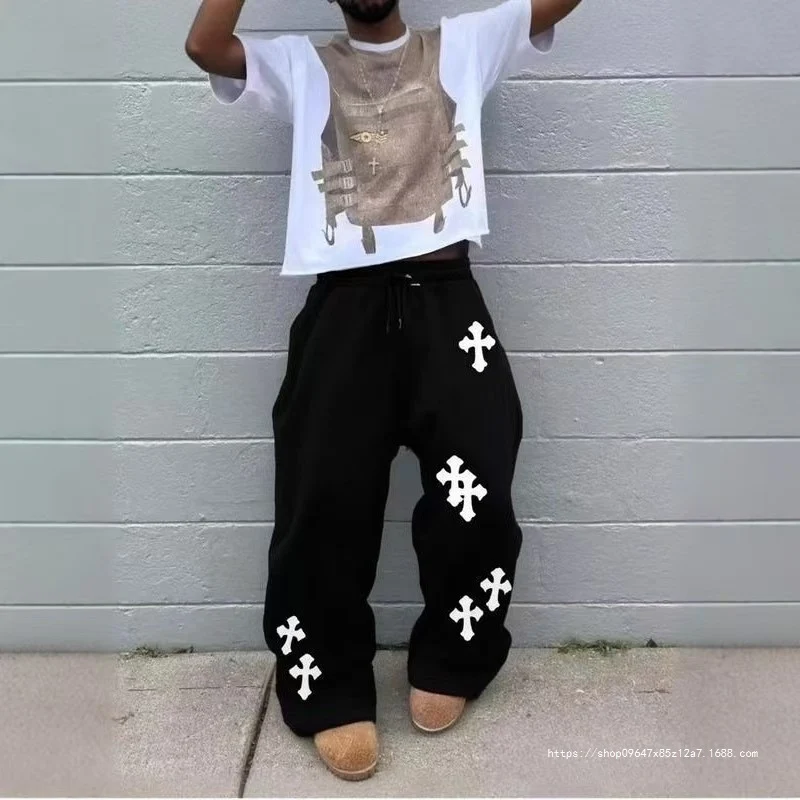 Herren Weite Sweatpants mit Gothic-Kreuz-Print, Tunnelzug & Tiefer Schritt Nord Taschen