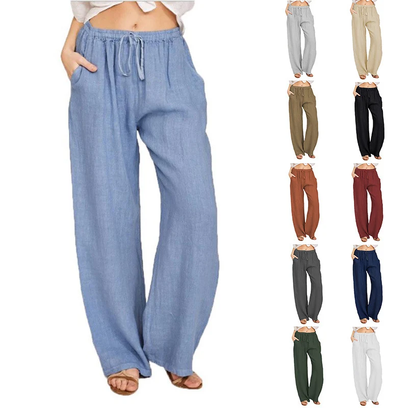 Damen Sommerliche Leinen-Palazzohose mit elastischem Bund, Seitentaschen und weitem Bein Nord Taschen