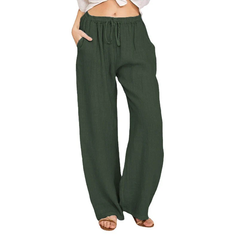 Damen Sommerliche Leinen-Palazzohose mit elastischem Bund, Seitentaschen und weitem Bein Nord Taschen