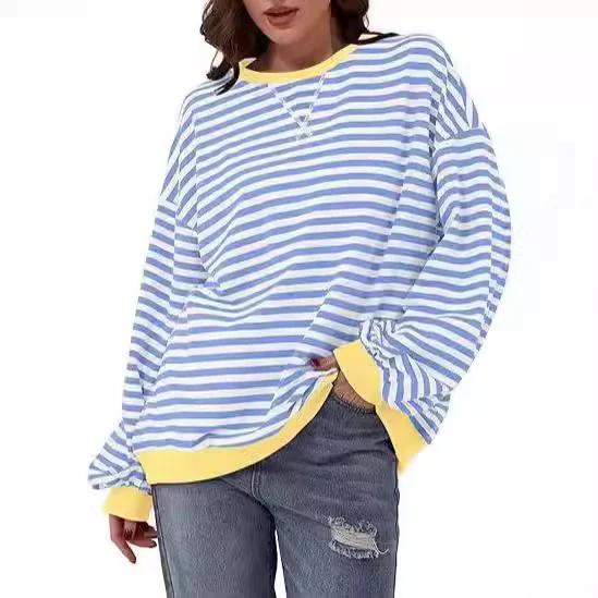 Damen Gestreifter Oversize Pullover mit Kontrastbündchen Nord Taschen