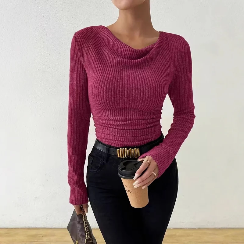 Damen Gerippter Taillierter Feinstrickpullover mit Raffung Nord Taschen