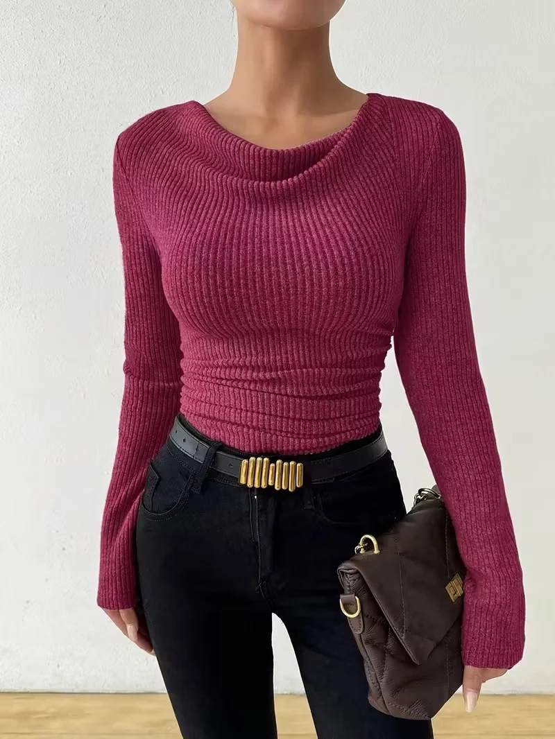 Damen Gerippter Taillierter Feinstrickpullover mit Raffung Nord Taschen