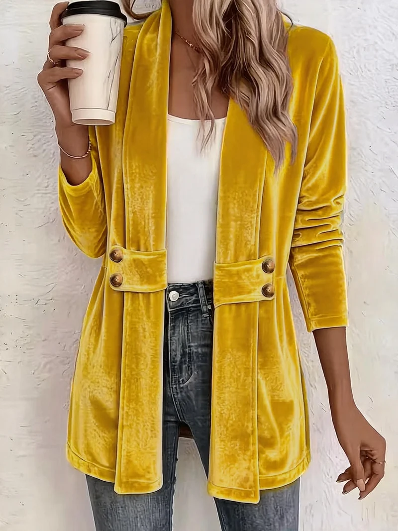 Damen Samt-Longblazer mit Schalkragen und Zierknopfleiste Nord Taschen
