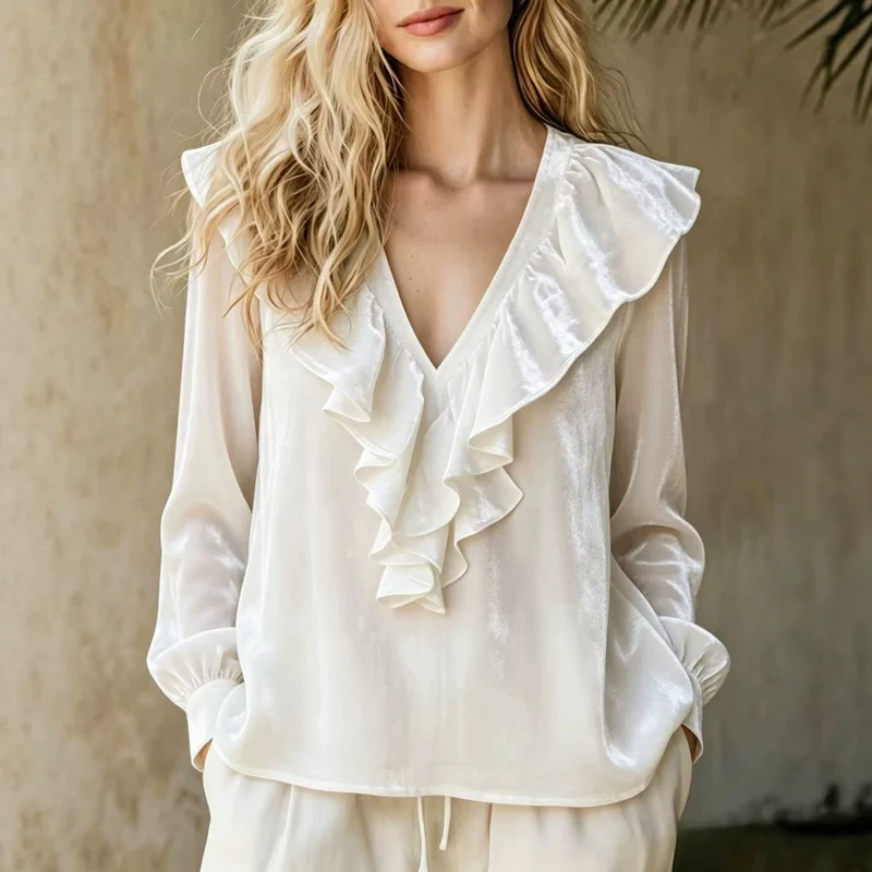 Damen Rüschige V-Ausschnitt-Bluse aus Chiffon mit Volantkragen und elastischen Manschetten Nord Taschen
