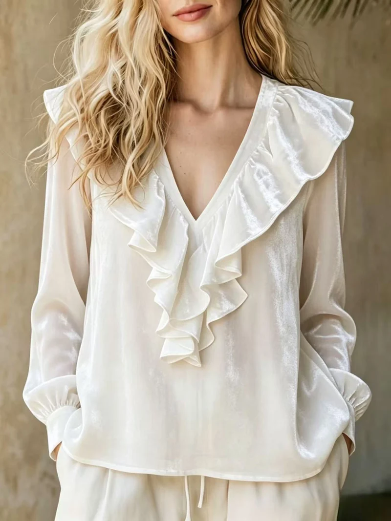 Damen Rüschige V-Ausschnitt-Bluse aus Chiffon mit Volantkragen und elastischen Manschetten Nord Taschen