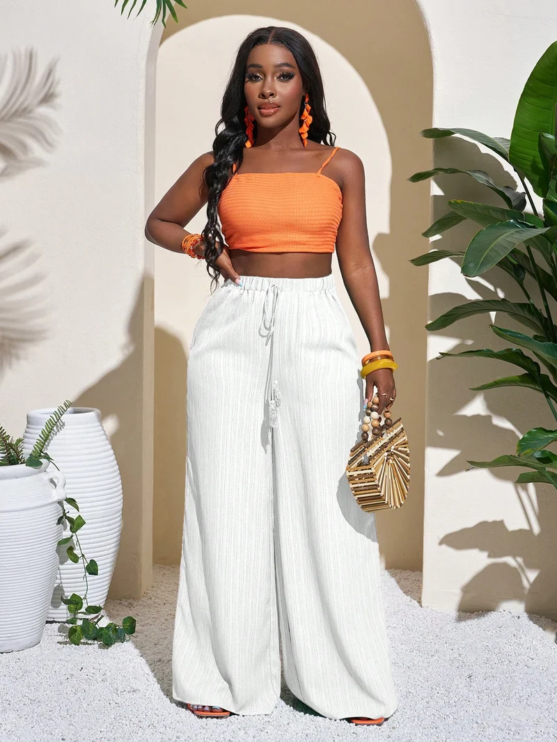 Damen Palazzo-Hose mit hohem Bund, elastischem Kordelzug und weitem Bein Nord Taschen