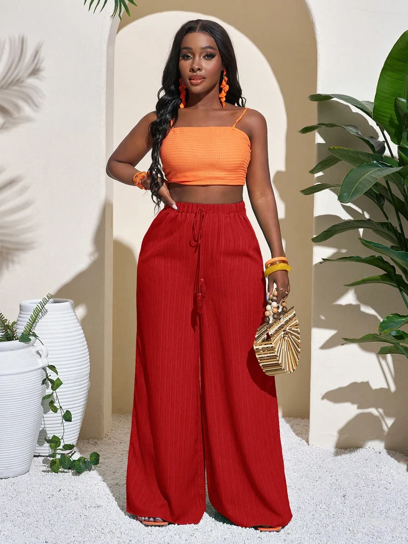 Damen Palazzo-Hose mit hohem Bund, elastischem Kordelzug und weitem Bein Nord Taschen