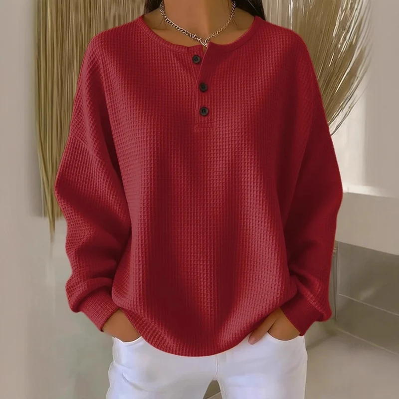 Damen Oversize Waffelstrick-Henleyshirt mit Knopfleiste und Rundhalsausschnitt Nord Taschen