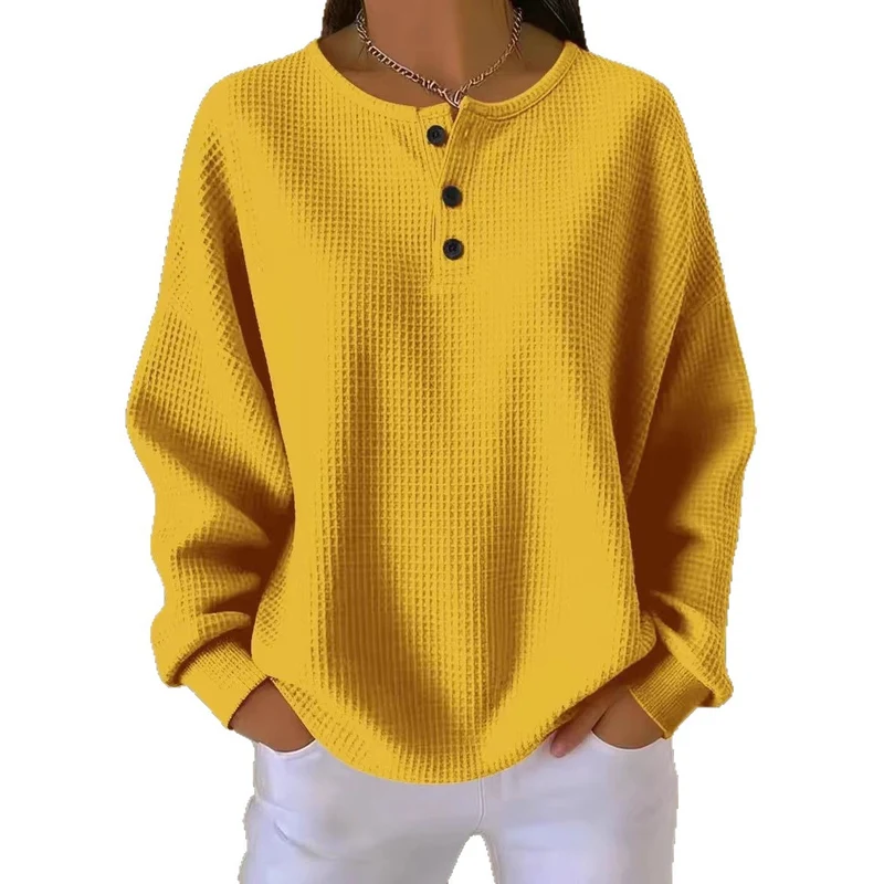 Damen Oversize Waffelstrick-Henleyshirt mit Knopfleiste und Rundhalsausschnitt Nord Taschen