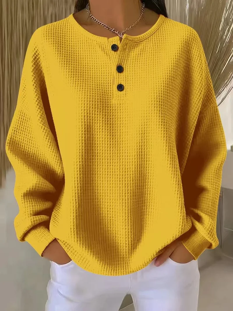 Damen Oversize Waffelstrick-Henleyshirt mit Knopfleiste und Rundhalsausschnitt Nord Taschen