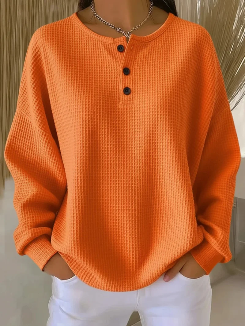 Damen Oversize Waffelstrick-Henleyshirt mit Knopfleiste und Rundhalsausschnitt Nord Taschen