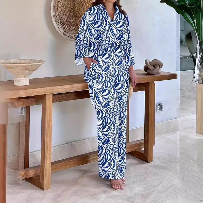 Damen Gemustertes Kimono-Lounge-Set mit weitem Palazzohose aus leichtem Viskose-Mix Nord Taschen