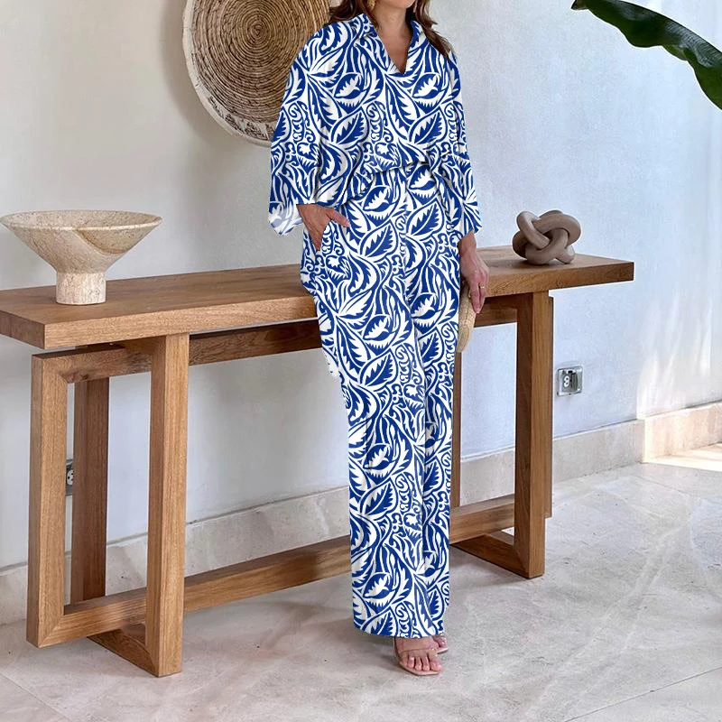 Damen Gemustertes Kimono-Lounge-Set mit weitem Palazzohose aus leichtem Viskose-Mix Nord Taschen