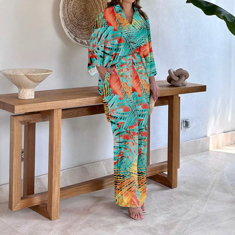 Damen Gemustertes Kimono-Lounge-Set mit weitem Palazzohose aus leichtem Viskose-Mix Nord Taschen