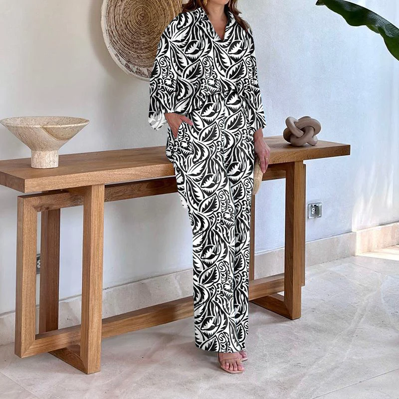Damen Gemustertes Kimono-Lounge-Set mit weitem Palazzohose aus leichtem Viskose-Mix Nord Taschen