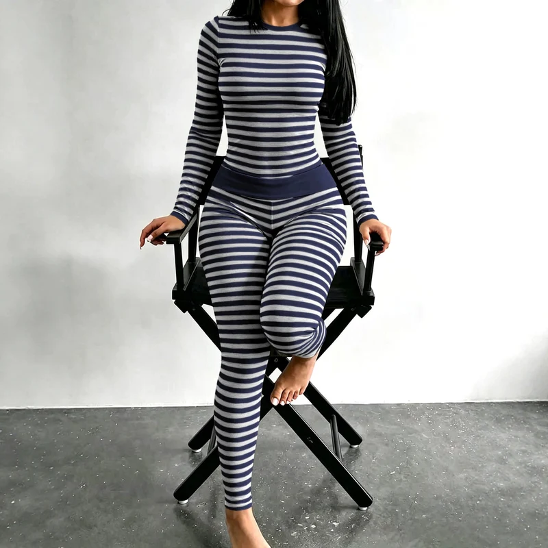 Damen Figurschmeichelndes Stretch-Lounge-Set mit Langarmtop und taillenhoher Leggings Nord Taschen