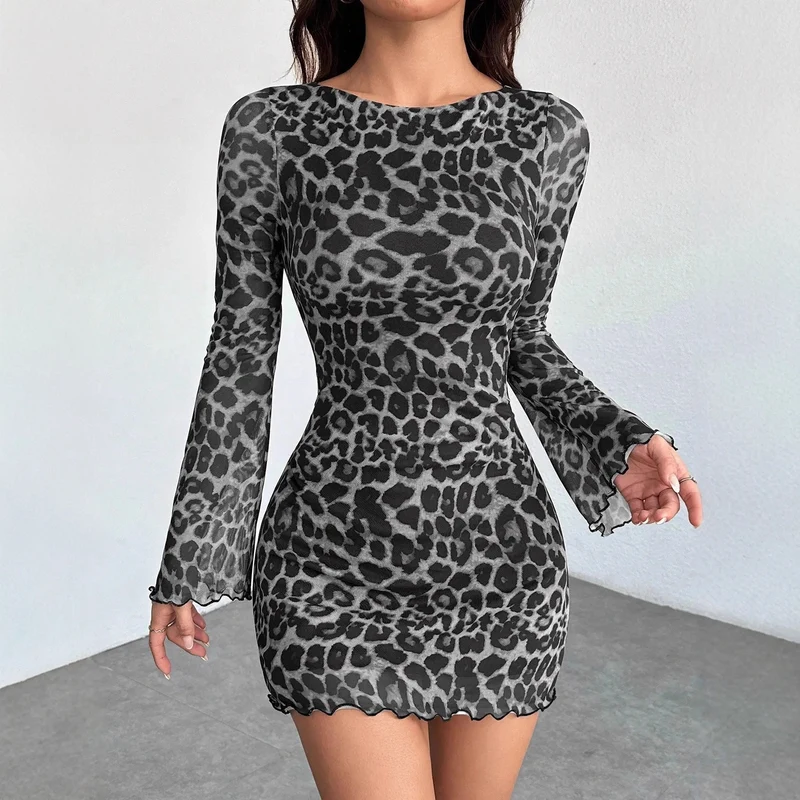 Damen Figurbetontes Mesh-Minikleid mit Leo-Print und Langarm Nord Taschen