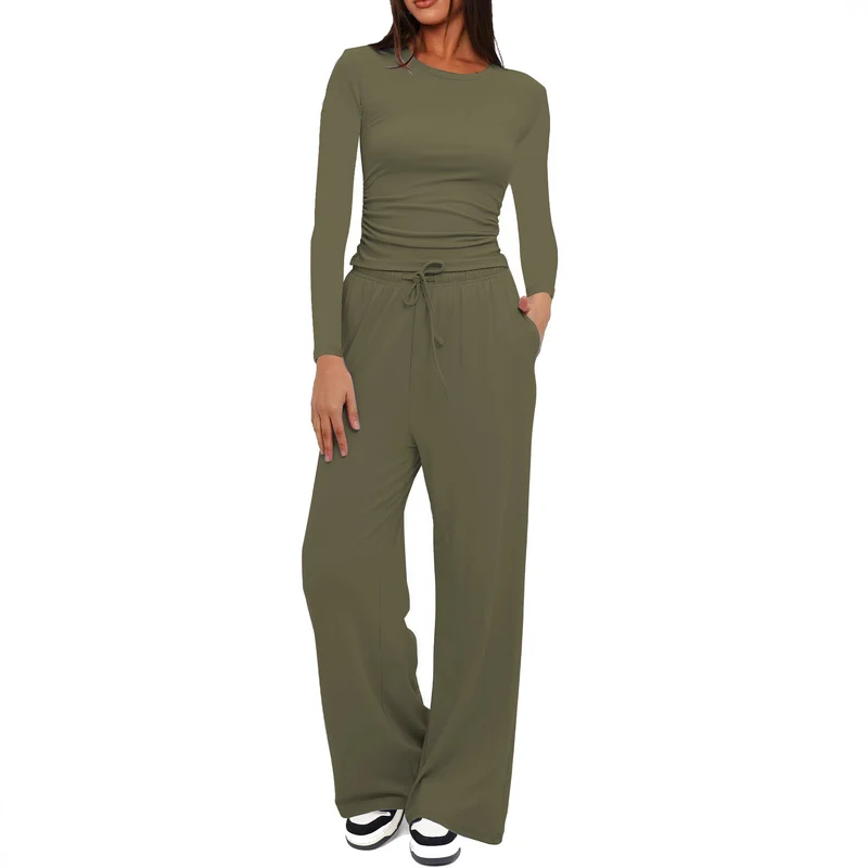Damen Figurbetontes Longsleeve mit seitlicher Raffung und High-Waist Palazzo-Jogginghose Set Nord Taschen
