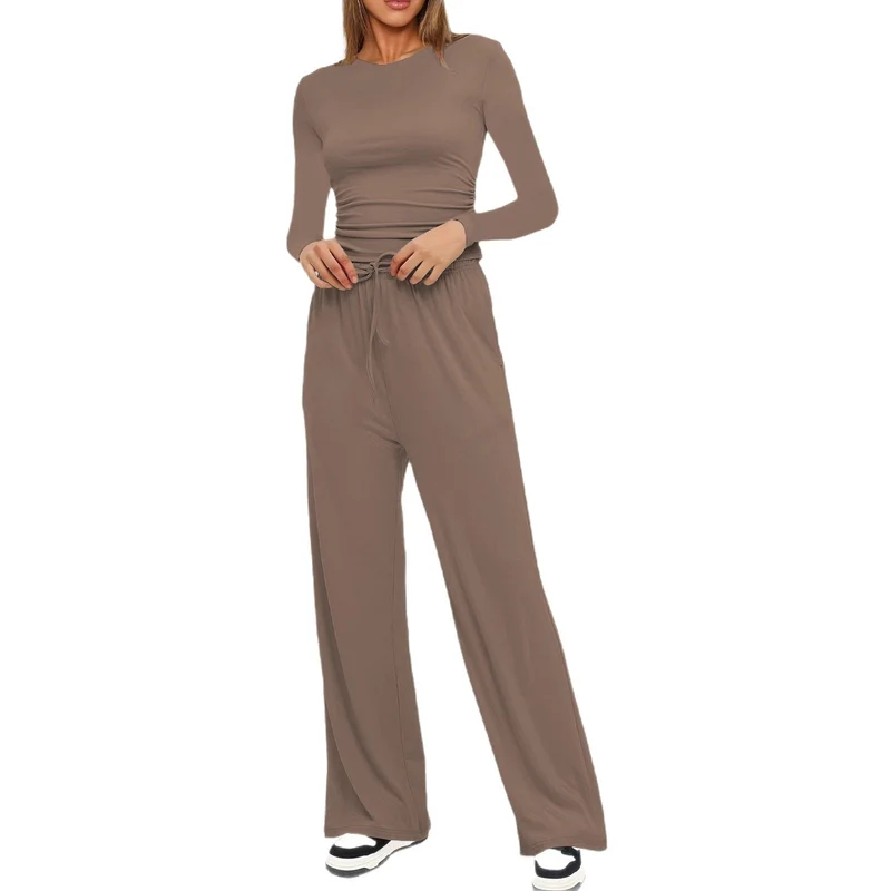 Damen Figurbetontes Longsleeve mit seitlicher Raffung und High-Waist Palazzo-Jogginghose Set Nord Taschen
