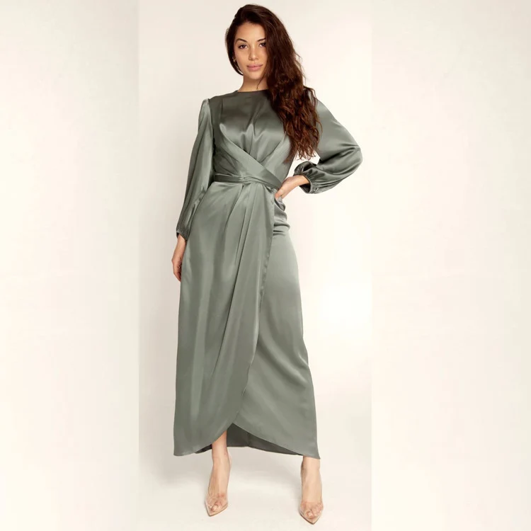 Damen Elegantes Maxikleid aus Satin mit Wickel-Detail, Langarm und Taillenband Nord Taschen