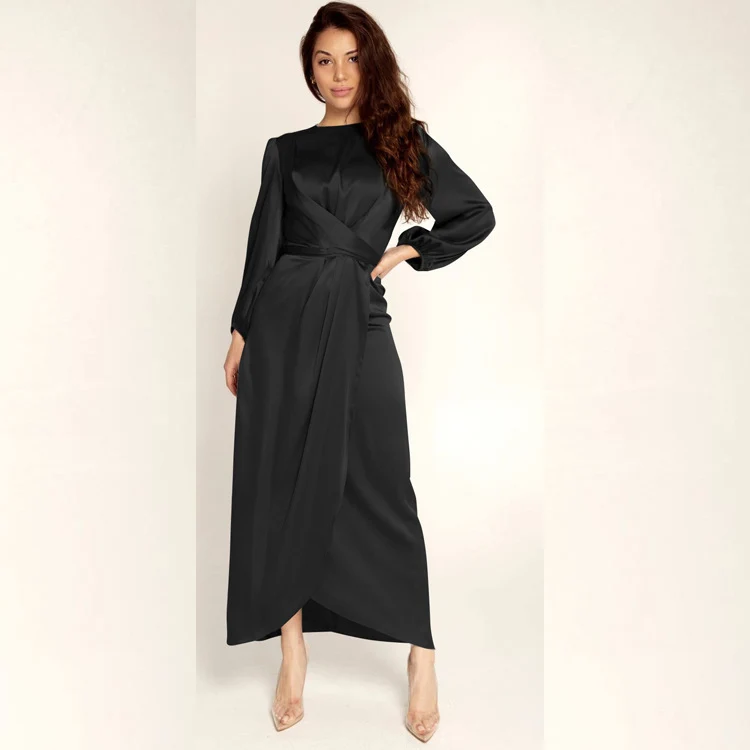 Damen Elegantes Maxikleid aus Satin mit Wickel-Detail, Langarm und Taillenband Nord Taschen