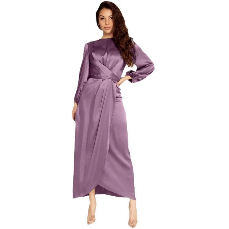 Damen Elegantes Maxikleid aus Satin mit Wickel-Detail, Langarm und Taillenband Nord Taschen