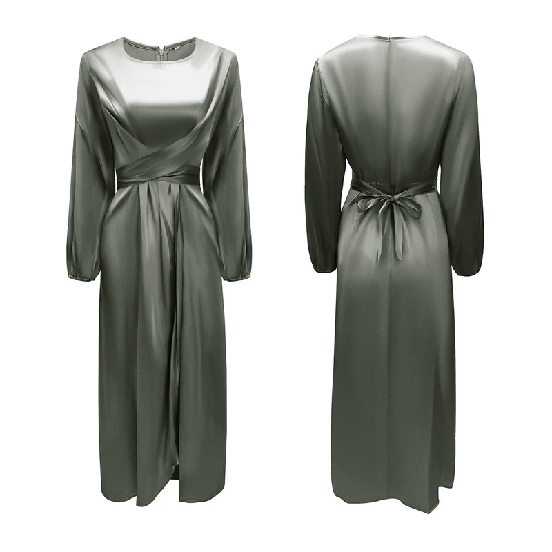 Damen Elegantes Maxikleid aus Satin mit Wickel-Detail, Langarm und Taillenband Nord Taschen