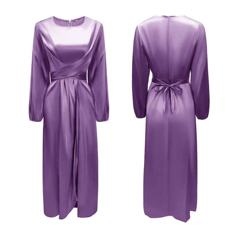 Damen Elegantes Maxikleid aus Satin mit Wickel-Detail, Langarm und Taillenband Nord Taschen