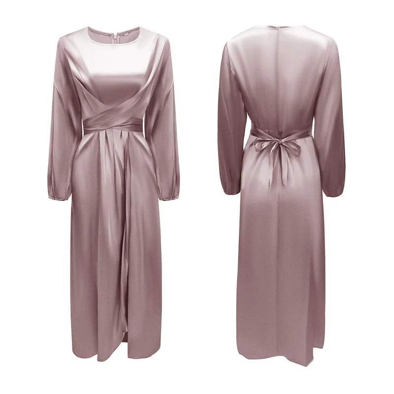 Damen Elegantes Maxikleid aus Satin mit Wickel-Detail, Langarm und Taillenband Nord Taschen