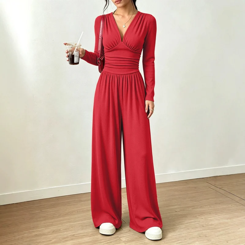 Damen Eleganter V‑Ausschnitt Jumpsuit mit tailliertem Wickelbund und weitem Hosenbein Nord Taschen
