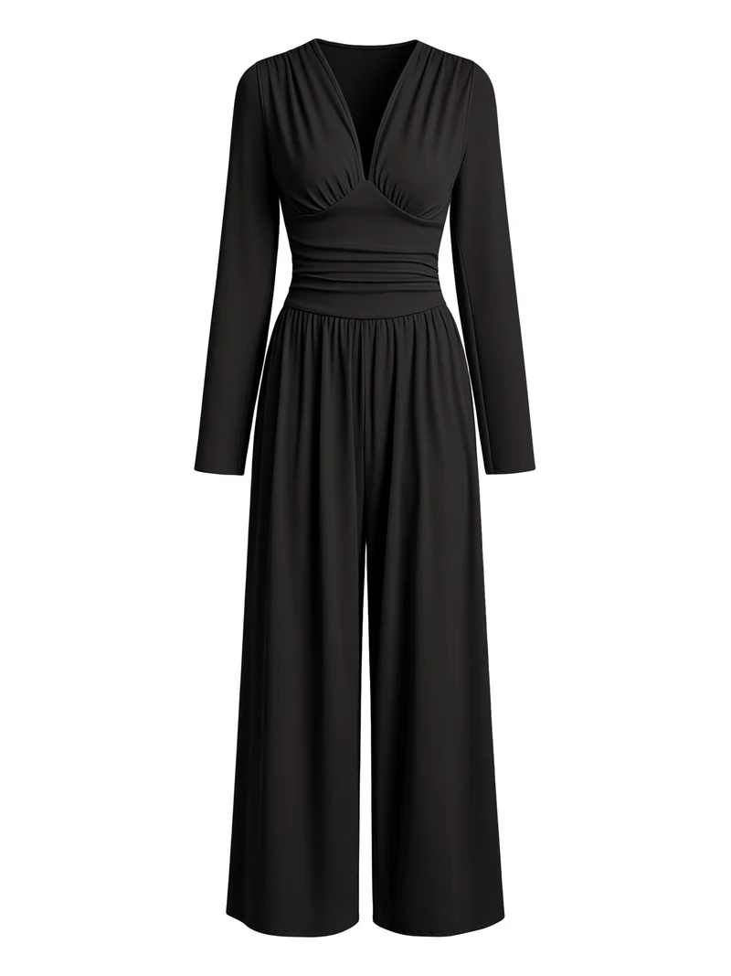 Damen Eleganter V‑Ausschnitt Jumpsuit mit tailliertem Wickelbund und weitem Hosenbein Nord Taschen
