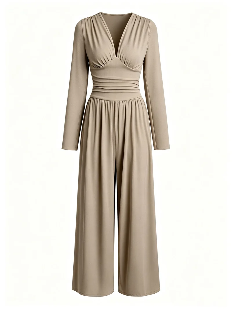 Damen Eleganter V‑Ausschnitt Jumpsuit mit tailliertem Wickelbund und weitem Hosenbein Nord Taschen