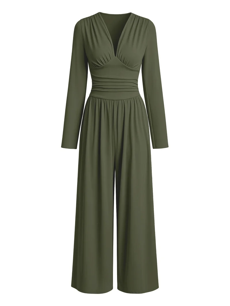 Damen Eleganter V‑Ausschnitt Jumpsuit mit tailliertem Wickelbund und weitem Hosenbein Nord Taschen